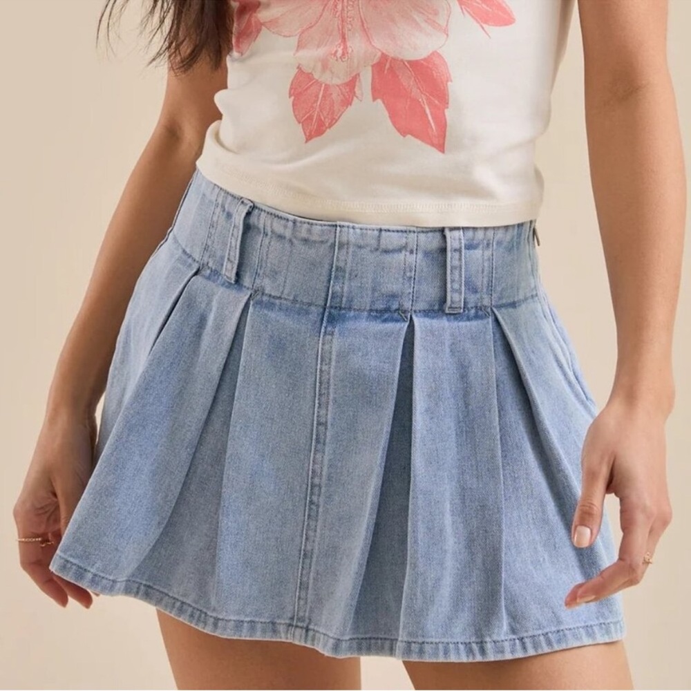 Altar'd State Light Blue Denim Pleated Skort with Hidden Shorts